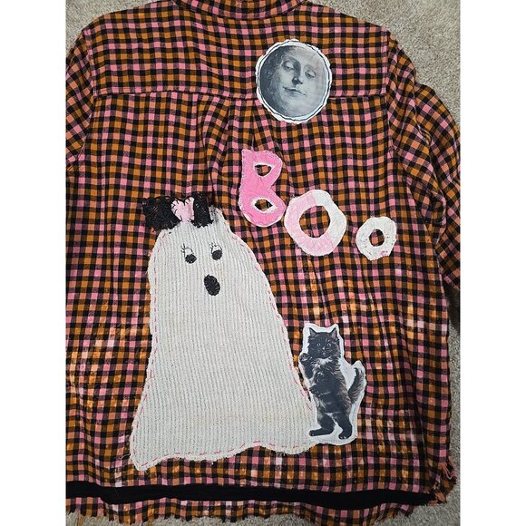 OOAK Upcycled Flannel Shacket Shirt Halloween Ghost Cat Moon Distressed Women XL - Picture 2 of 13